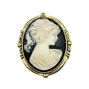 Vintage Resin Cameo Brooch Black and White Lady Profile on Gold Tone Setting